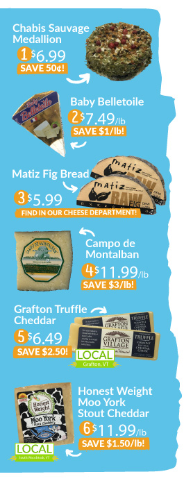 images of five cheeses and fig bread with sale prices