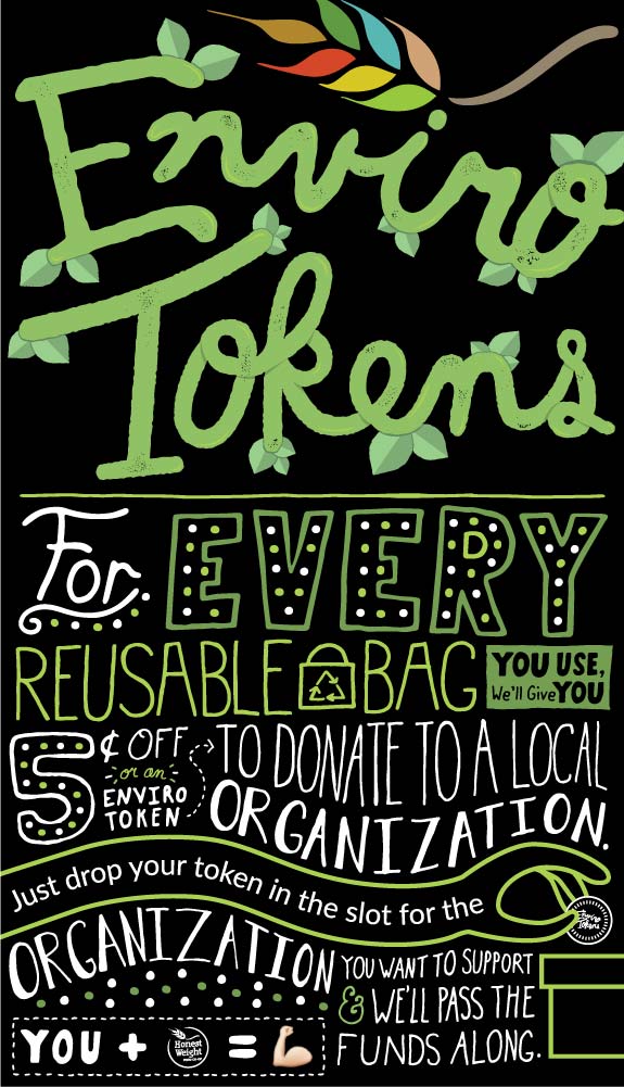 Envirotokens logo with the following text: For every reusable bag you use, we'll give you five cents off or an enviro token to to donate to a local organization. Just drop your token in the slot for the organization you want to support and we'll pass the funds along.
