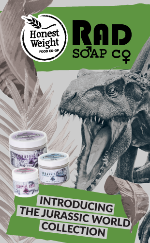 Dinosaur and RAD soap mask and scrubs with the words, 