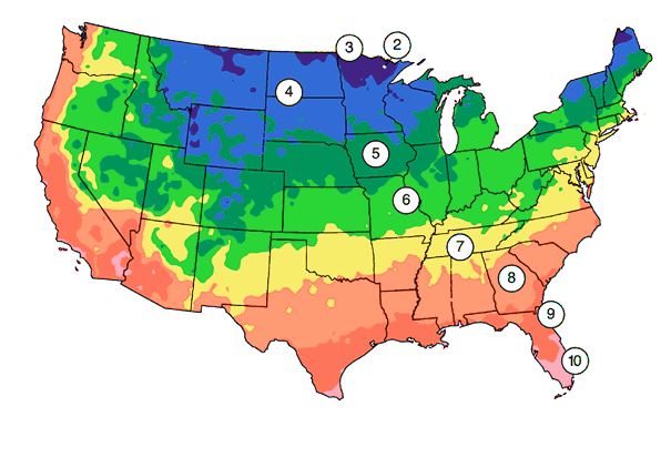 Planting zones indicate the growing seasons for geographical locations throughout the US