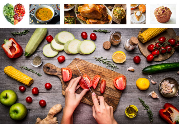 Collage of photos: Main photo is aerial shot of hands cutting veggies. Others are of food items: a turkey, a pie slice, etc.