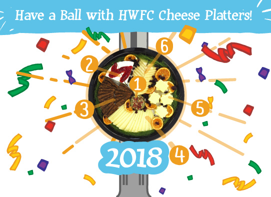 Cheese platter over New Year's Eve Ball with illustrated confetti topped with the words, 