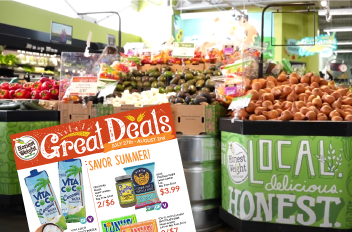 Shot of Produce Department at Honest Weight Food Co-op, Sales Flyers overlaid