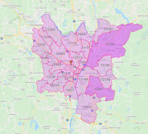 map of Albany area highlighting zip codes around HWFC that instacart delivers to