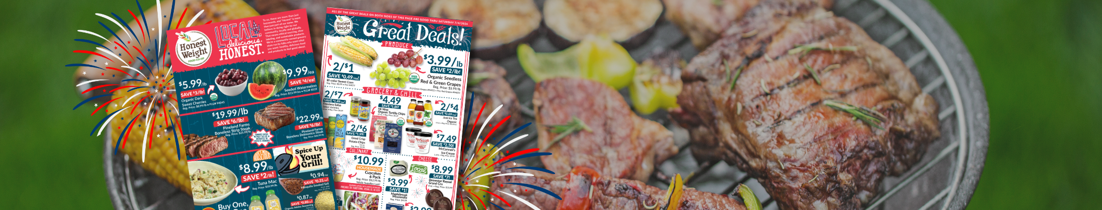 Photo of a grill with two pages of a sales ad detailing our Independence Day sales