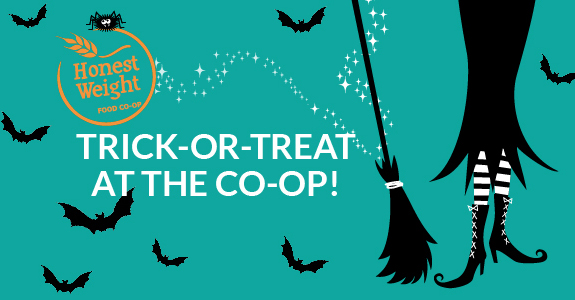 Trick or Treat at the Co-op on blue background with witch and bats illustration