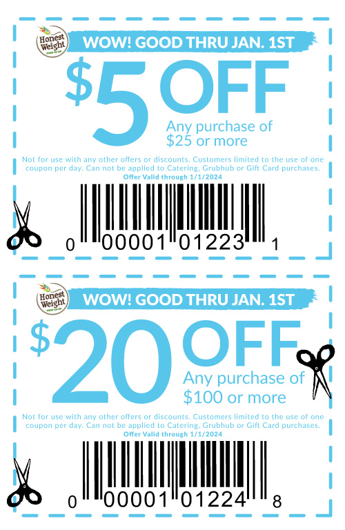 Two coupons from Honest Weight Food Co-op, one for $5 off $50 and one for $20 off $100. Good through Jan 5th, 2020