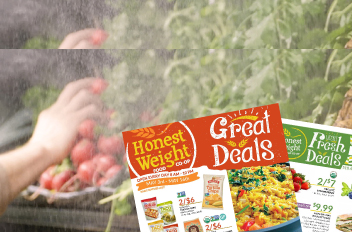 Hand reaching into produce case with mister on, Sales Flyers overlaid