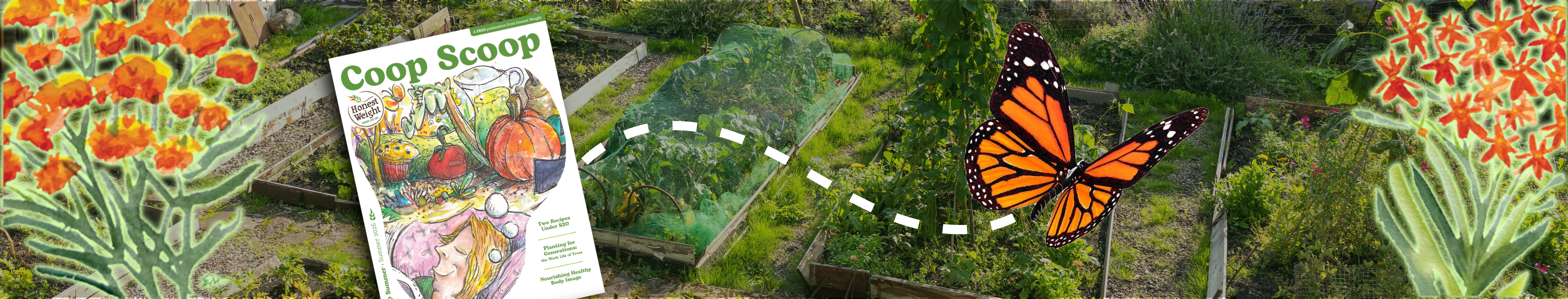 Image of the Summer 2026 Coop Scoop cover superimposed over a garden background